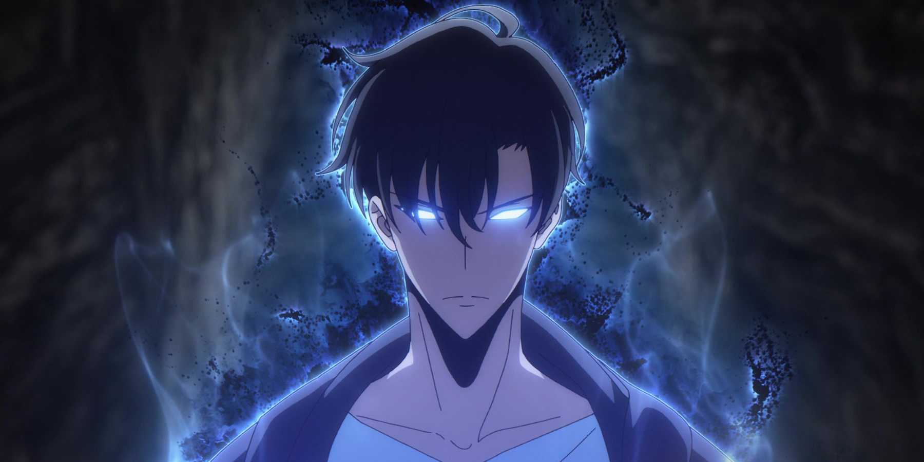 Solo Leveling Sung Jinwoo with glowing eyes surrounded by blue aura