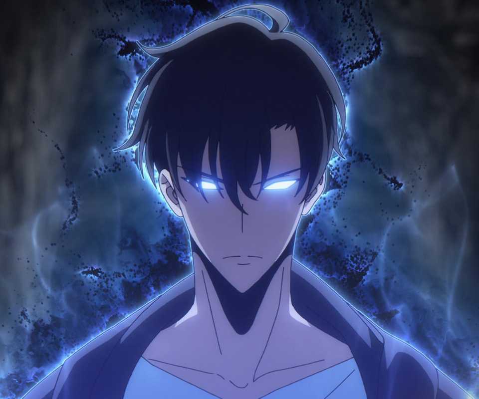 Solo Leveling Sung Jinwoo with glowing eyes surrounded by blue aura