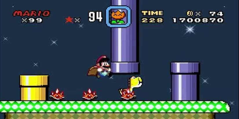 Super Mario World Gameplay with Mario jumping over Spinies