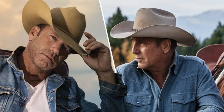 Split image of Taylor Sheridan and Kevin Costner in Yellowstone.