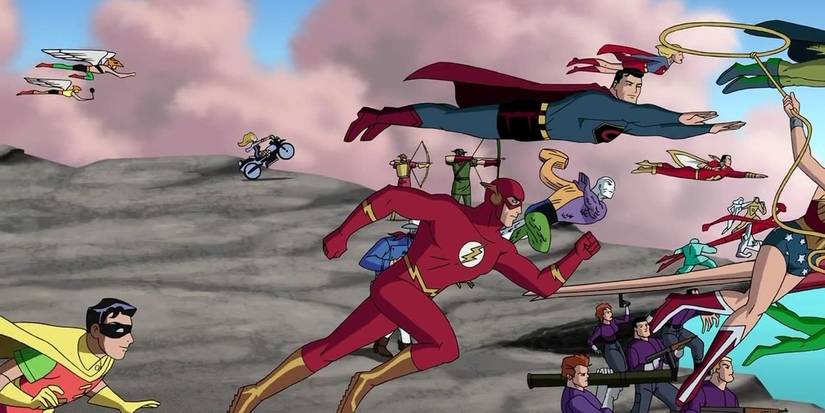The Justice League is running and flying forward to attack in Justice League: The New Frontier.