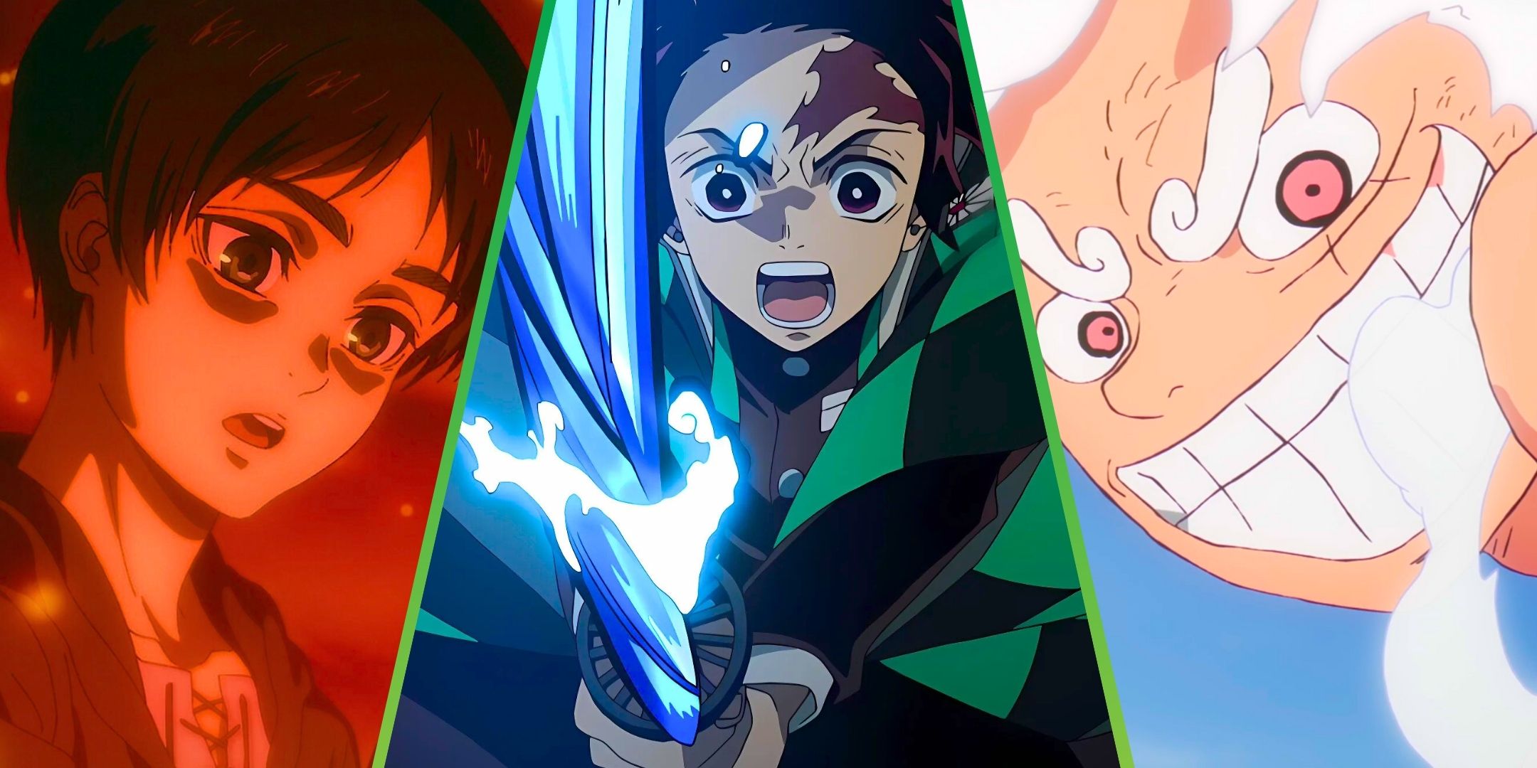 A split image of One Piece, Demon Slayer and Attack On Titan