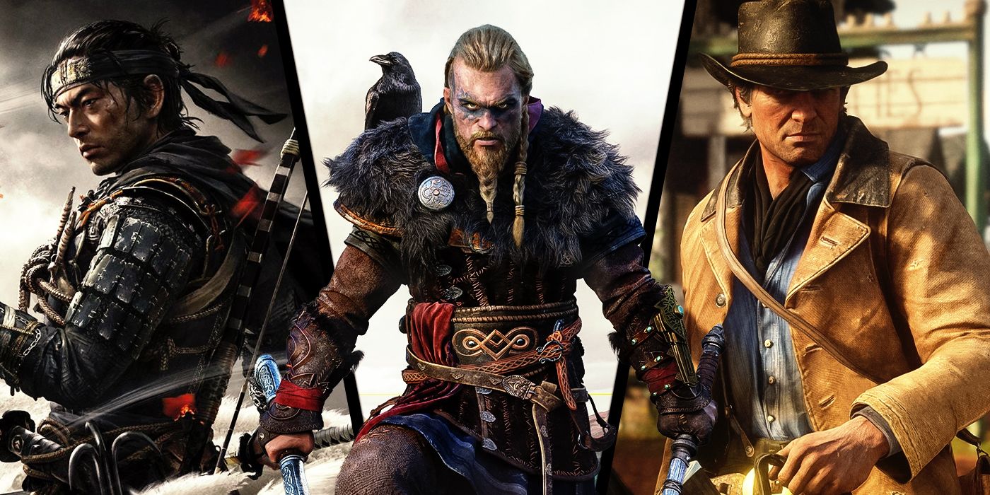 Images of Ghost of Tsushima, Red Dead Redemption II and Assassin's Creed Valhalla