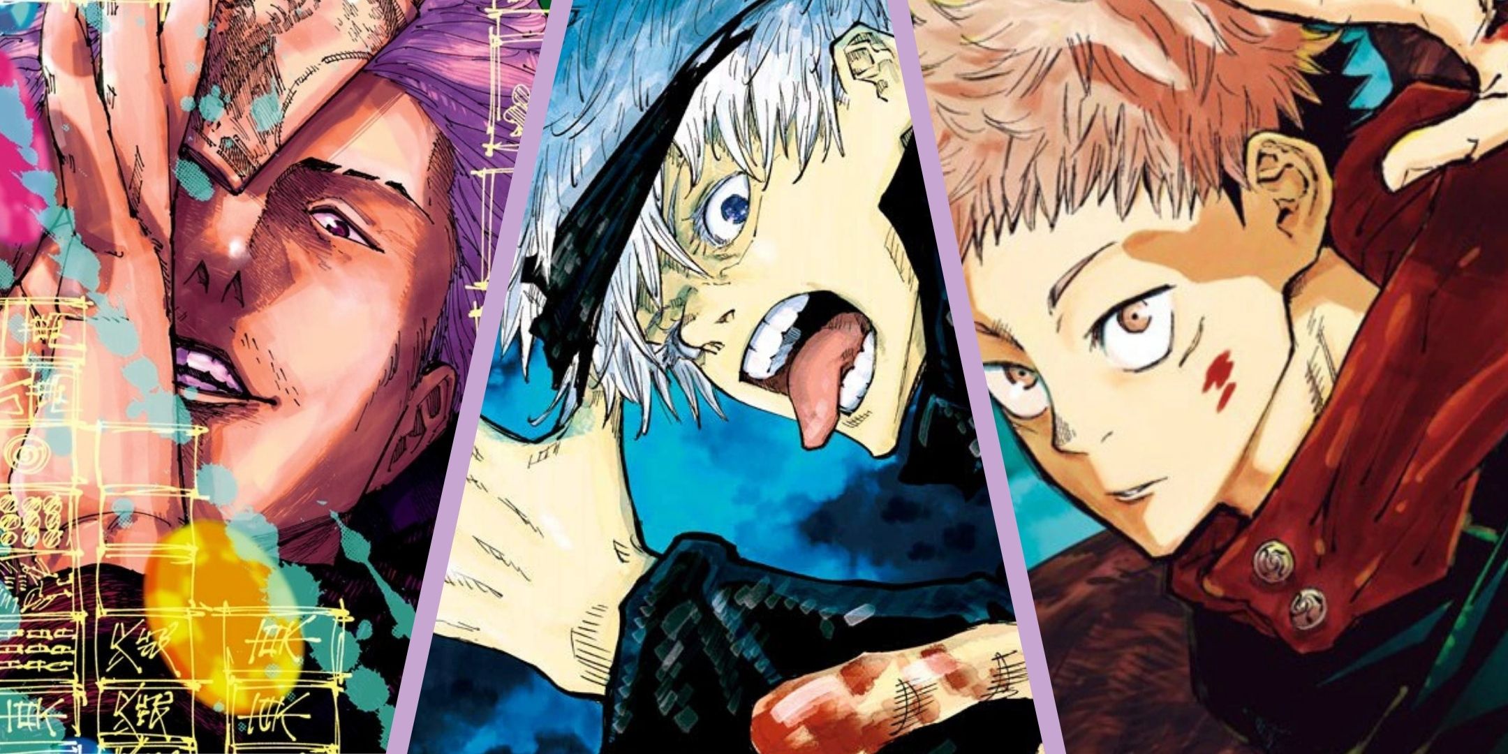 A split image of Satoru Gojo, Kinji Hakari and Yuji Itadori from Jujutsu Kaisen manga