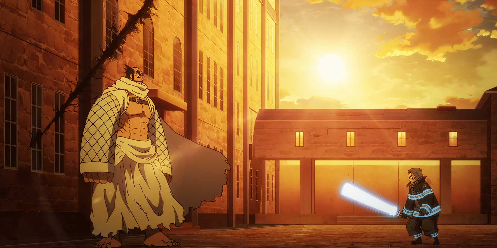Arthur Boyle has Excalibur lit as he faces off against Dragon in Fire Force, Season 3, Episode 5.