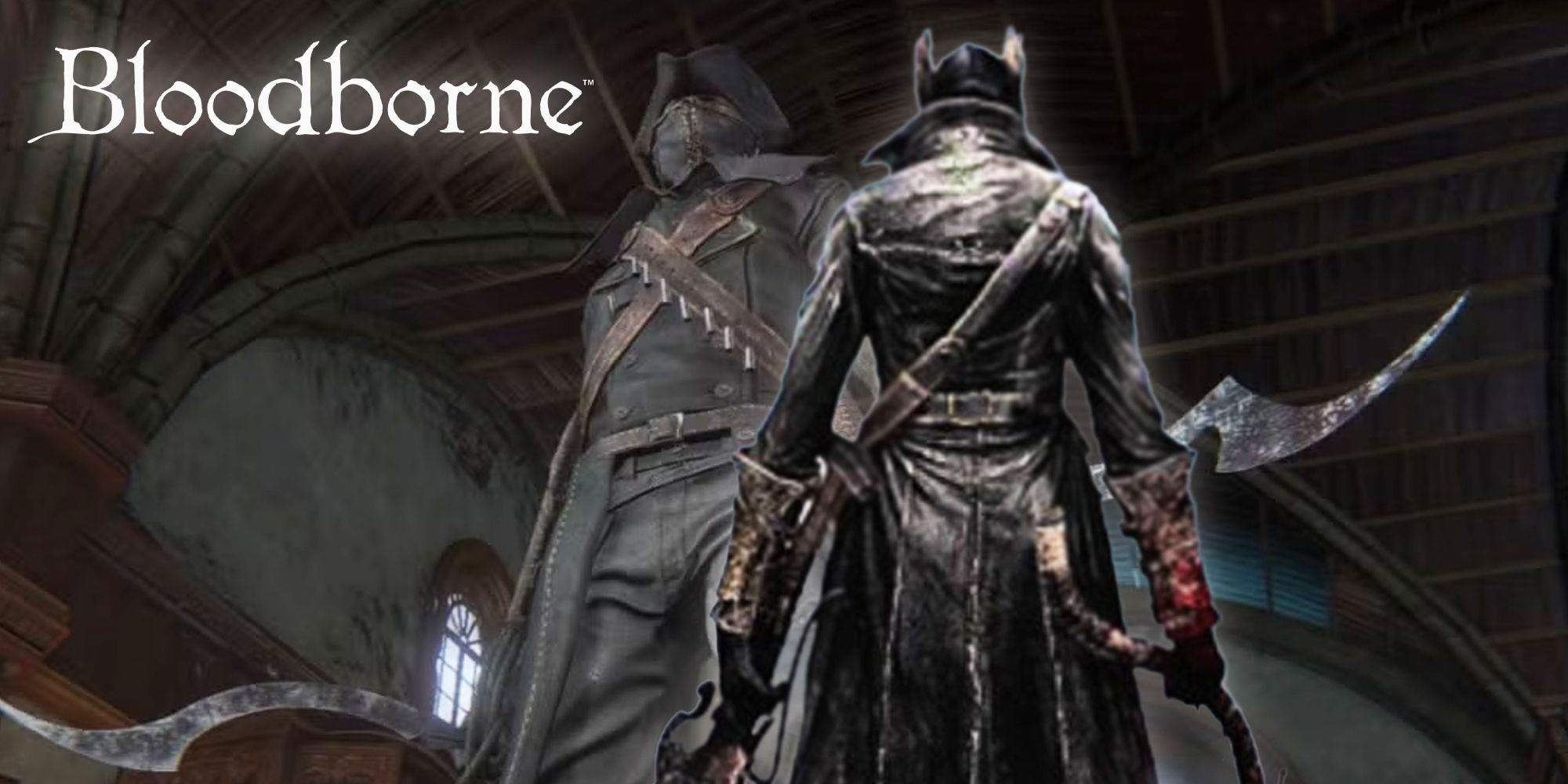 Bloodborne The Hunter wielding blades and with his back to the camera