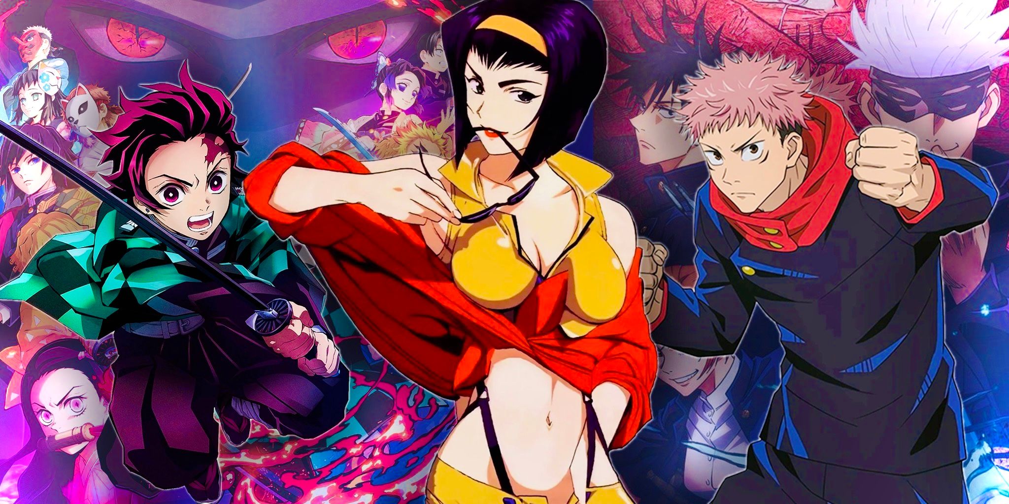 Faye from Cowboy Bebop poses with Tanjiro from Demon Slayer and Yuji from JJK