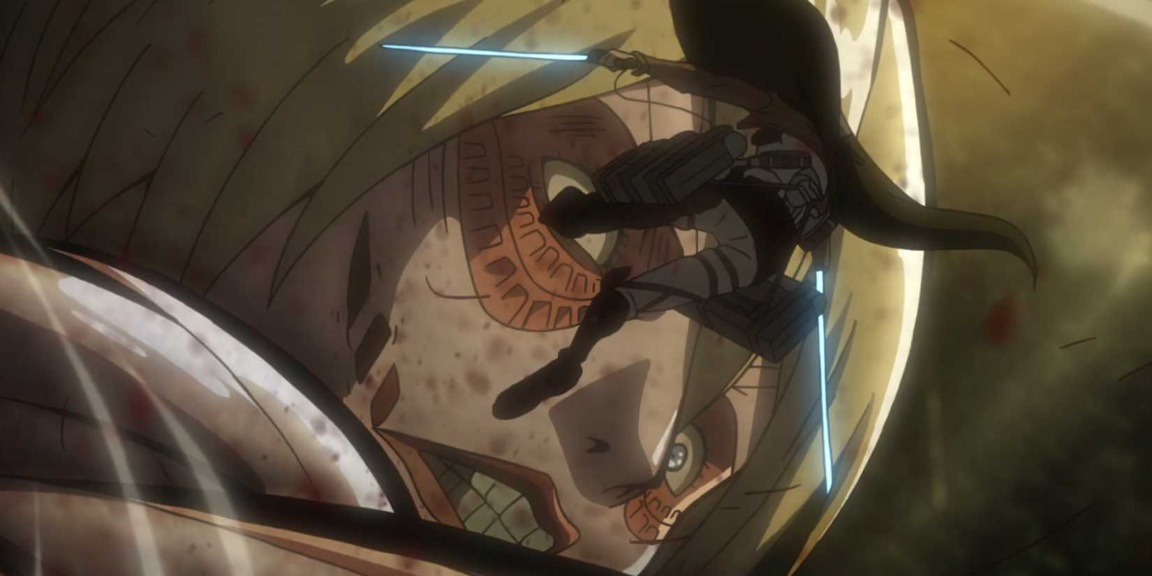 O capitão Levi cobra no rosto do titã feminino no ataque ao anime Titan