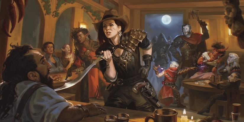 A bandit in D&D art holding a sword to a man's throat as she and her group rob an establishment.