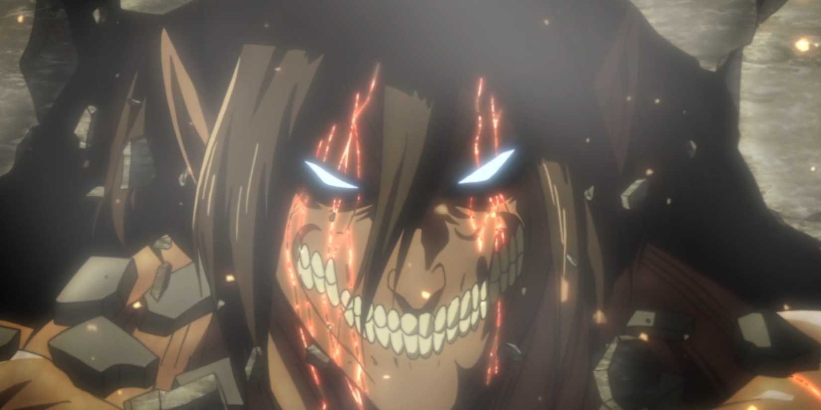 Eren's Attack Titan with blue glowing eyes in Attack on Titan anime series