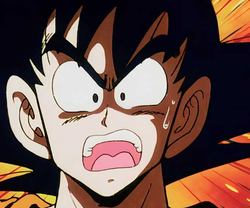 O Goku de Dragon Ball fica de boca aberta de choque.