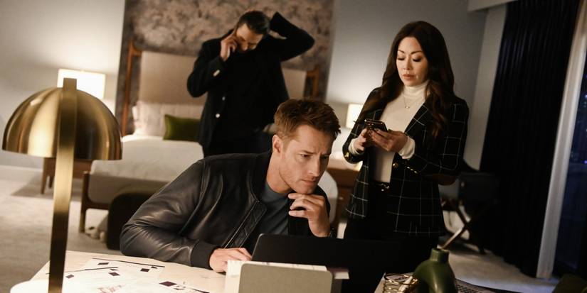 Justin Hartley as Colter, Fiona Rene as Reenie, and Pej Vahdat as Leo search for Sharf's missing Assistant in Tracker 'Rules of the Game'
