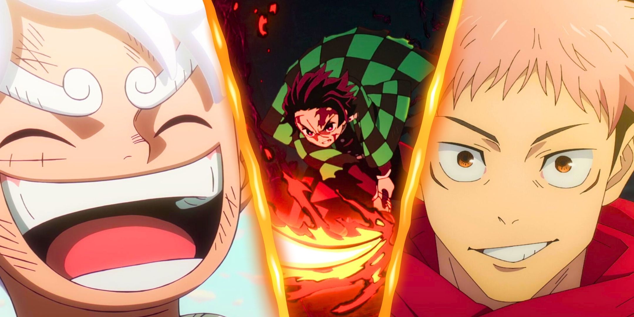 A split image of One Piece, Jujutsu Kaisen, Demon Slayer