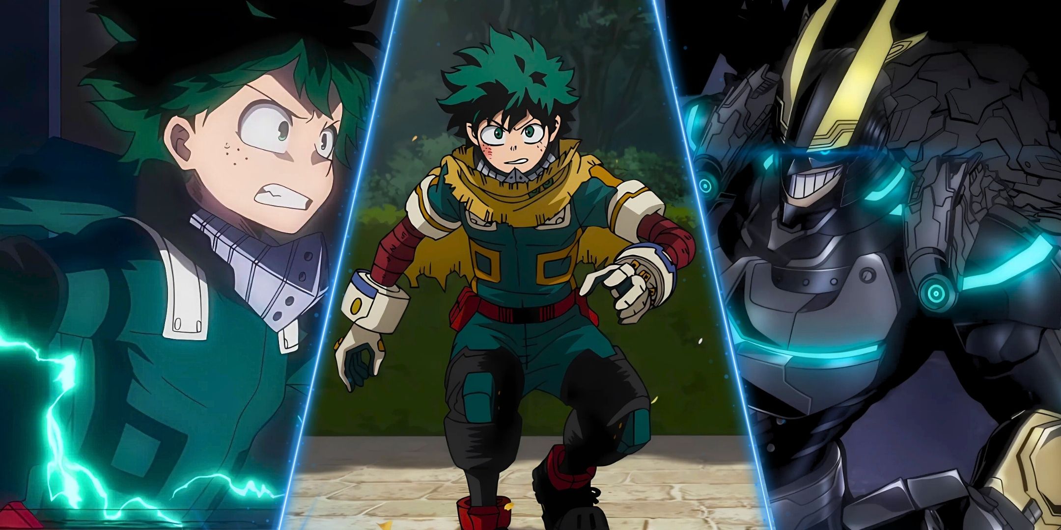 A split image of Deku in his original costume, Deku with his pro hero suit and Iron All Might from My Hero Academia