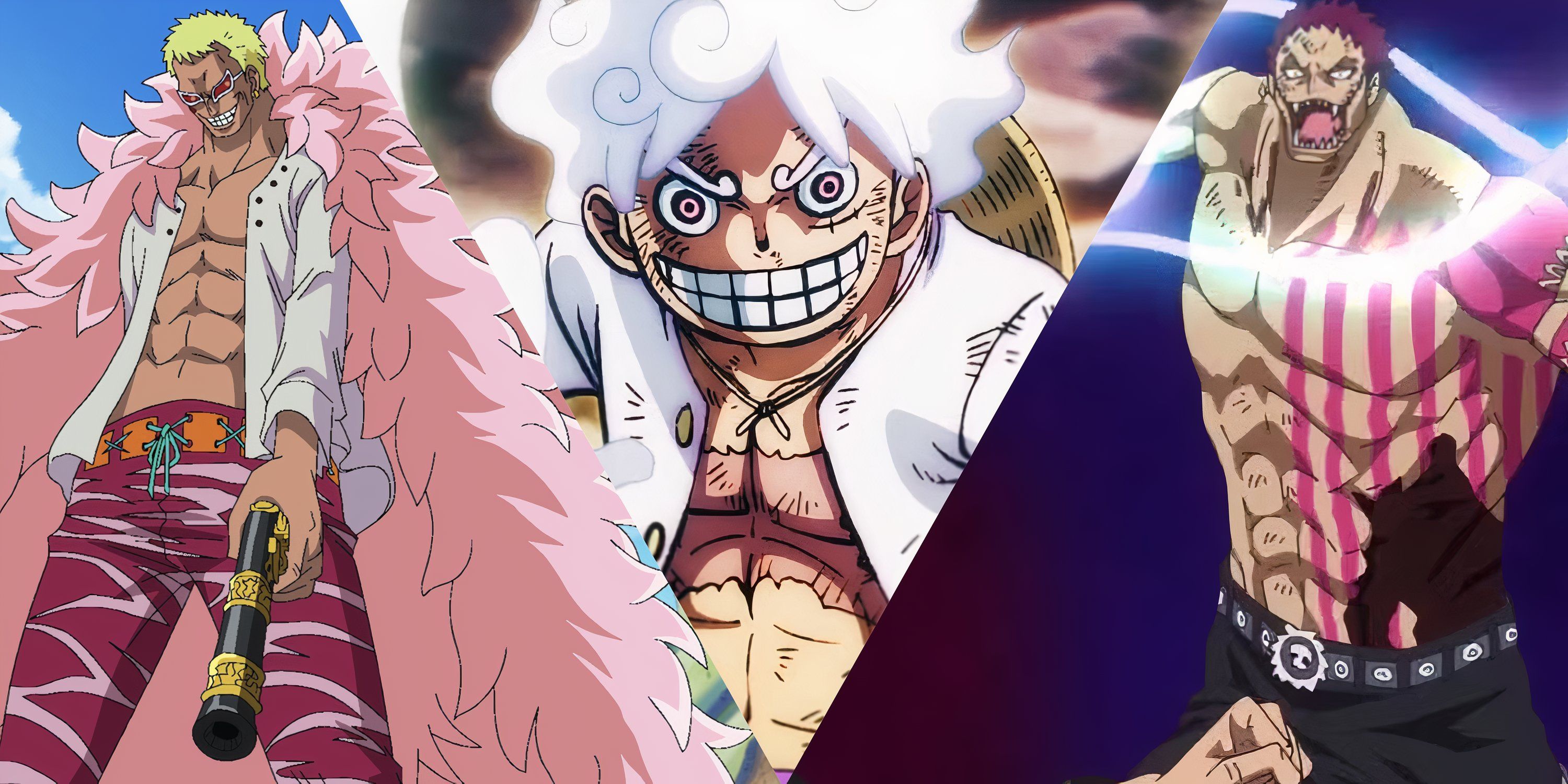 Donquixote Doflamingo, Gear 5, Luffy, and Charlotte Katakuri