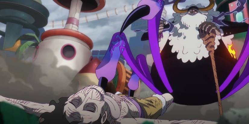 Saint Saturn attempts to kill Luffy with his Hybrid form in One Piece.