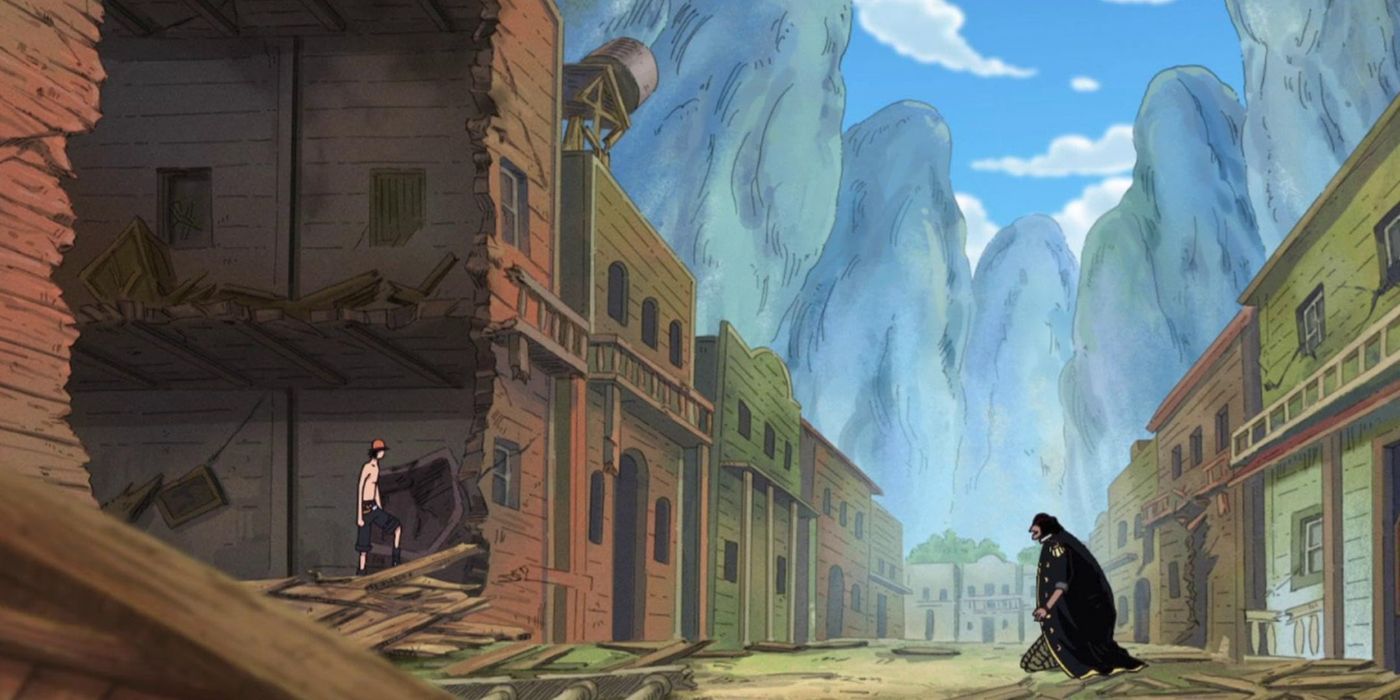 Portgas D. Ace is standing in the wreckage of a building as he prepares to fight Blackbeard in One Piece's Post-Ennies Lobby arc.