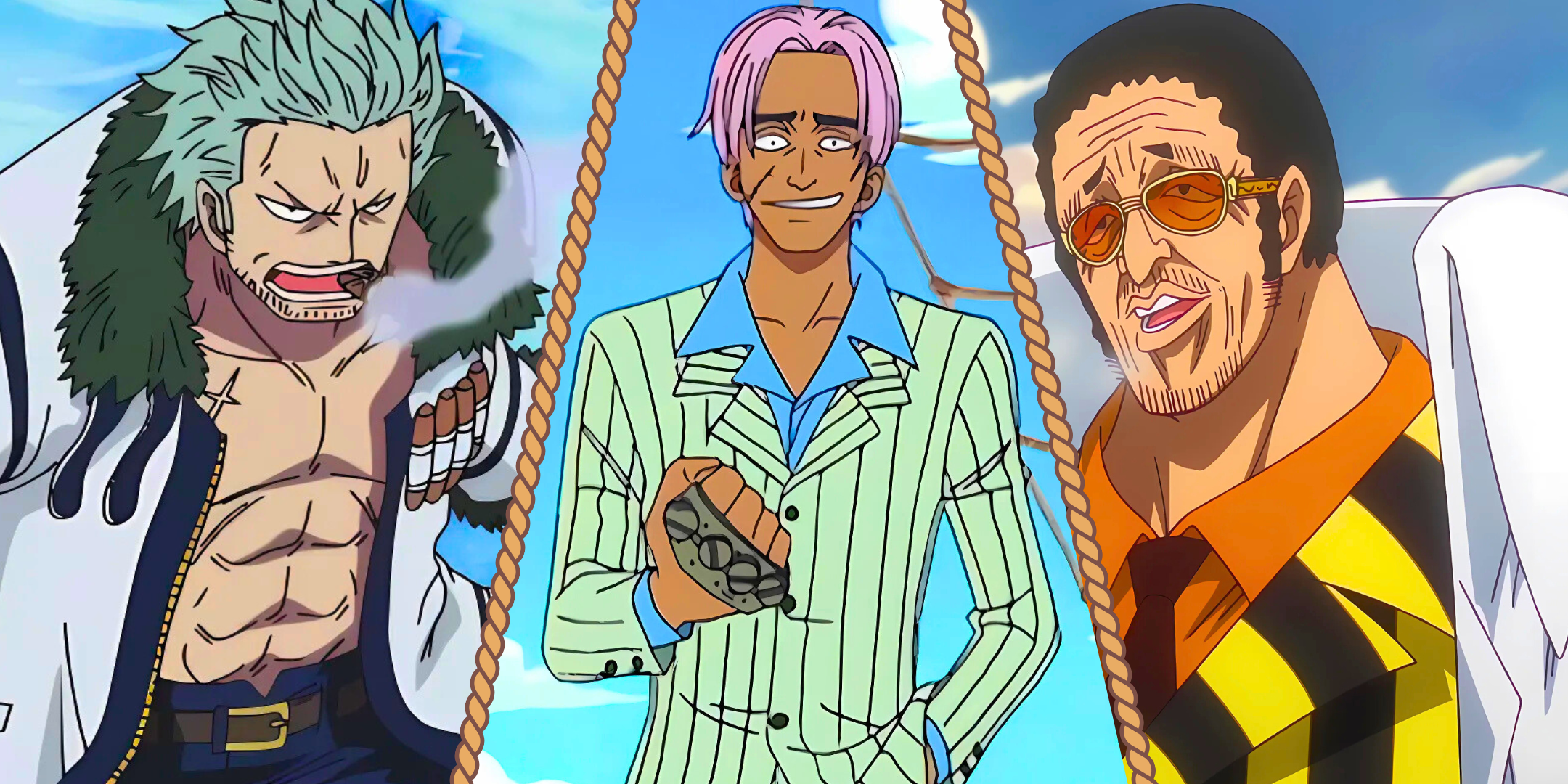 A split image of Fullbody, Kizaru and Smoker from One Piece