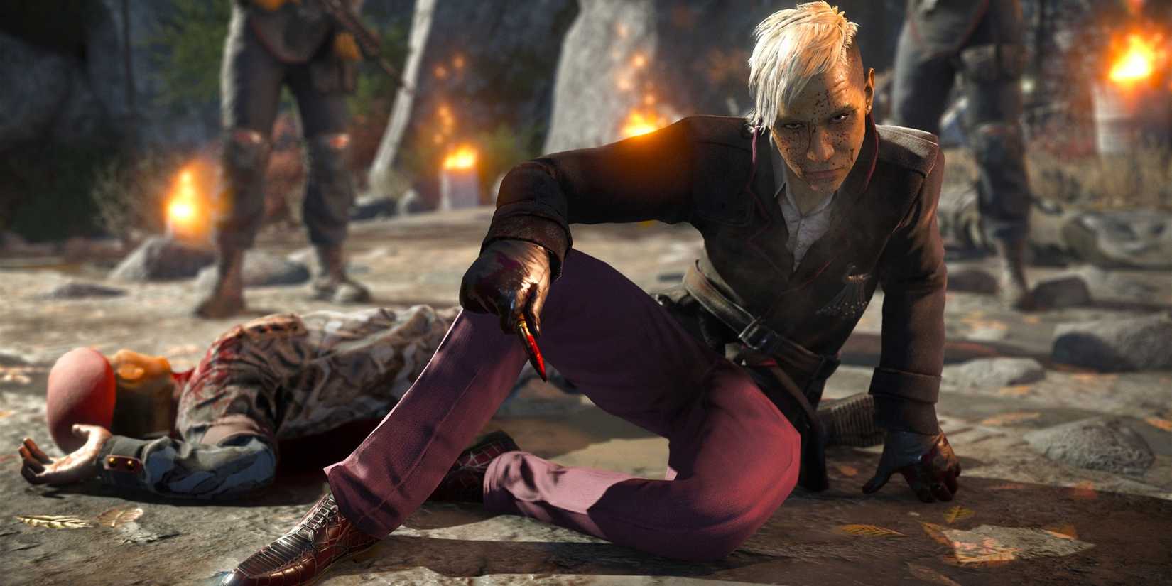 Pagan Min stares at the camera after stabbing a soldier in Far Cry 4