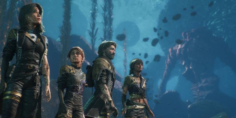 Lune, Maelle, Gustave, and Sciel loom around Flying Waters in Clair Obscur Expedition 33