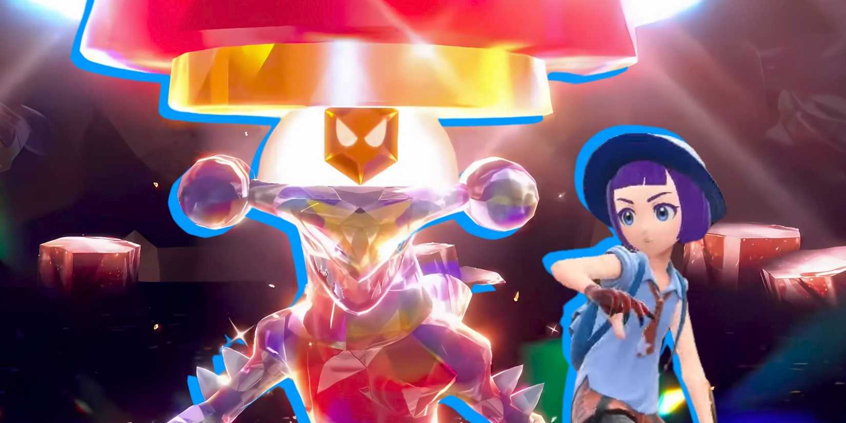 A collage of Garchomp the Unrivaled and a trainer from Pokémon Scarlet and Violet