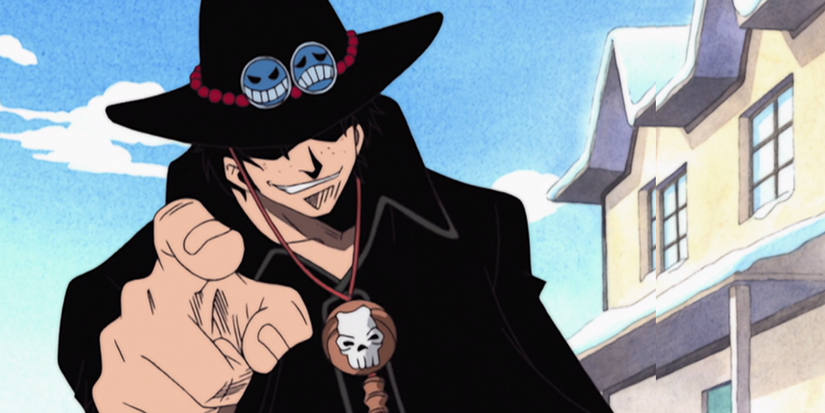 Portgas D. Ace montre du doigt alors qu'il parle à deux hommes sur Drum Island dans One Piece.