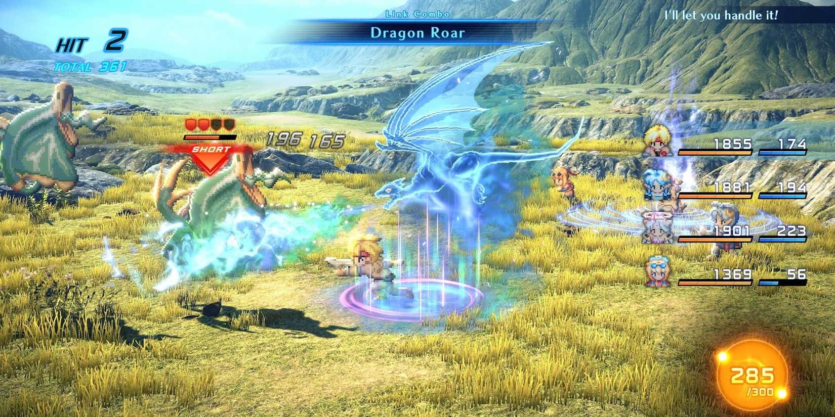 Star Ocean: The Second Story R combat showing Claude using a special attack on a flying enemy while his friends fight behind him