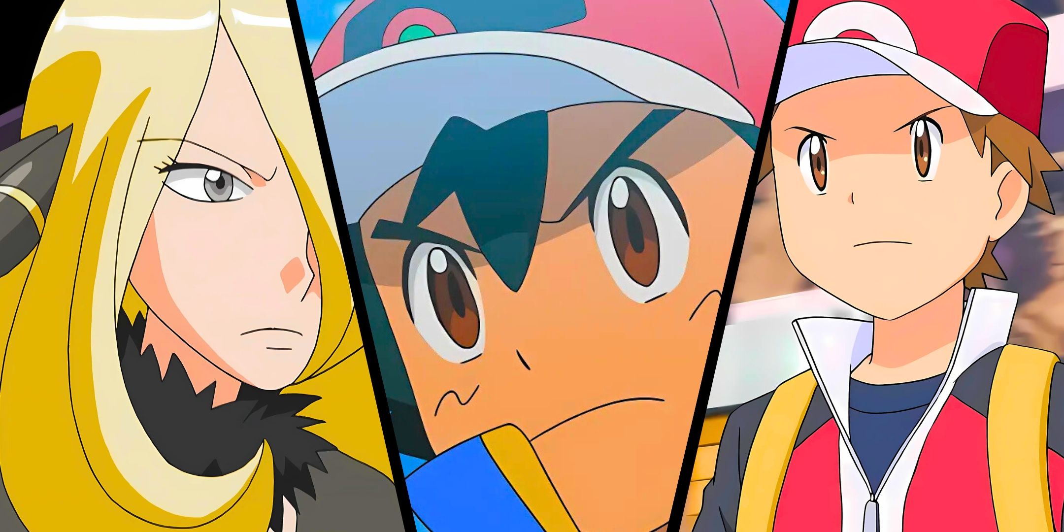 A split image of Ash, Red and Cynthia from Pokémon