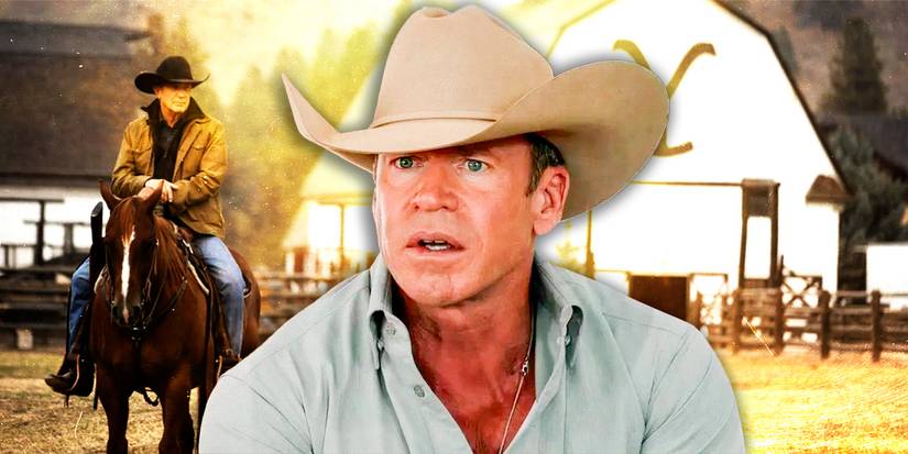 Taylor Sheridan and Yellowstone ranch on the background
