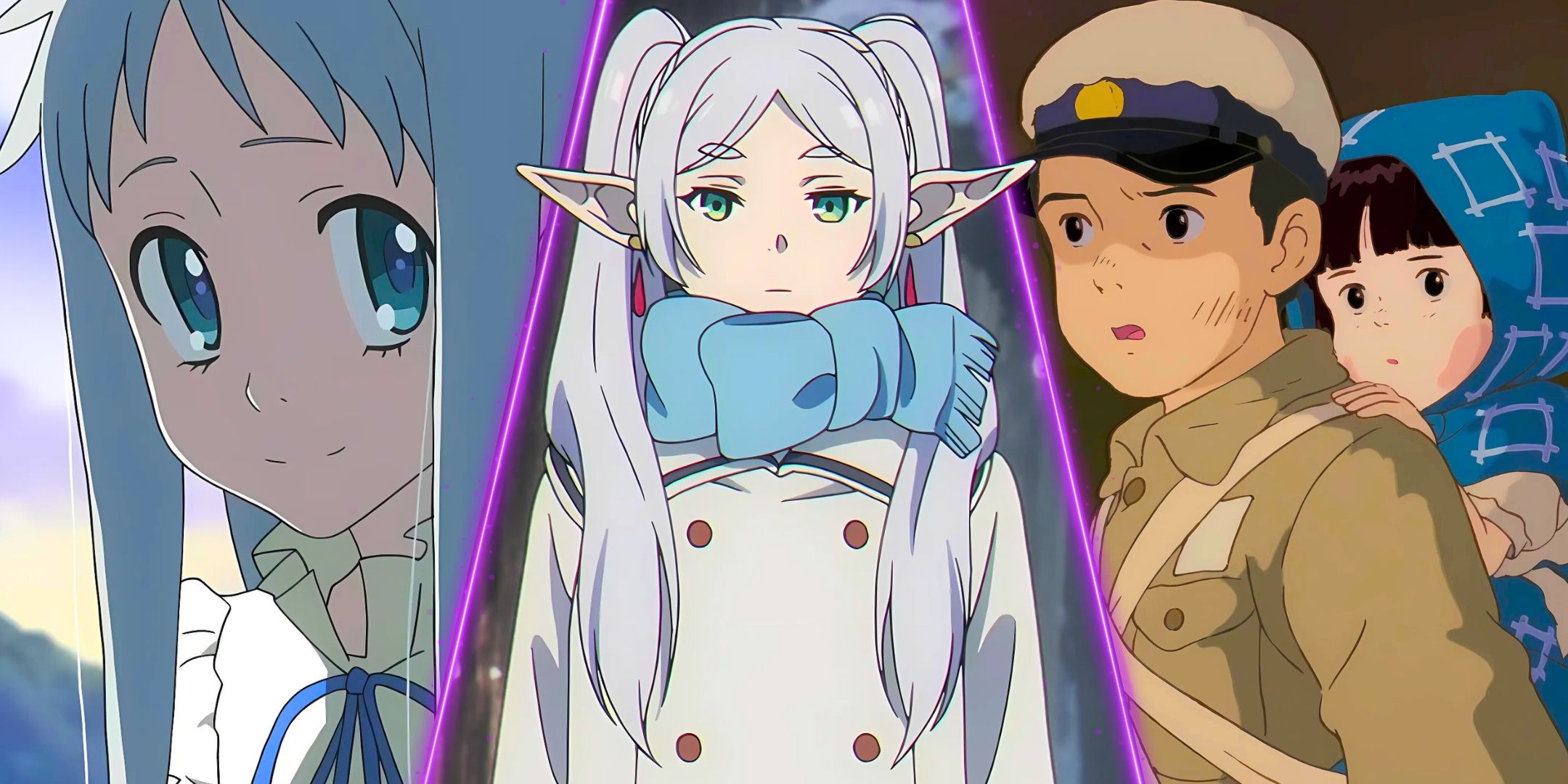 A split image of the main characters in Grave of the Fireflies, Frieren and Anohana