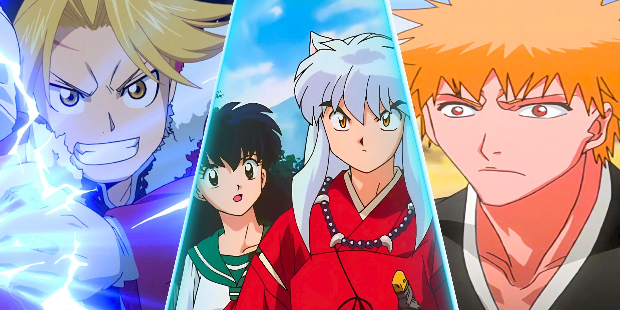 A split image of Edward of Full Metal Alchemist; Brotherhood, Kagome Higurashi and Inuyasha from Inuyasha and Ichigo Kurosaki from Bleach