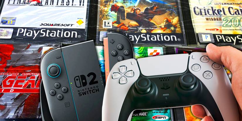 PS1 games in the background and the Switch 2 and PS5 in the foreground