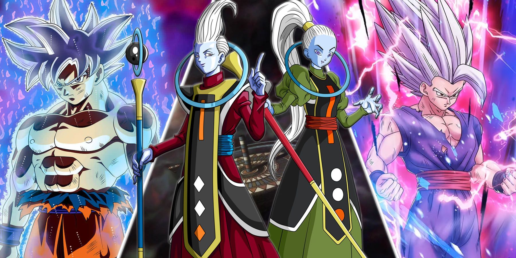 Ultra Instinct Goku, Whis, Vadas, and Ultra Instinct Gohan