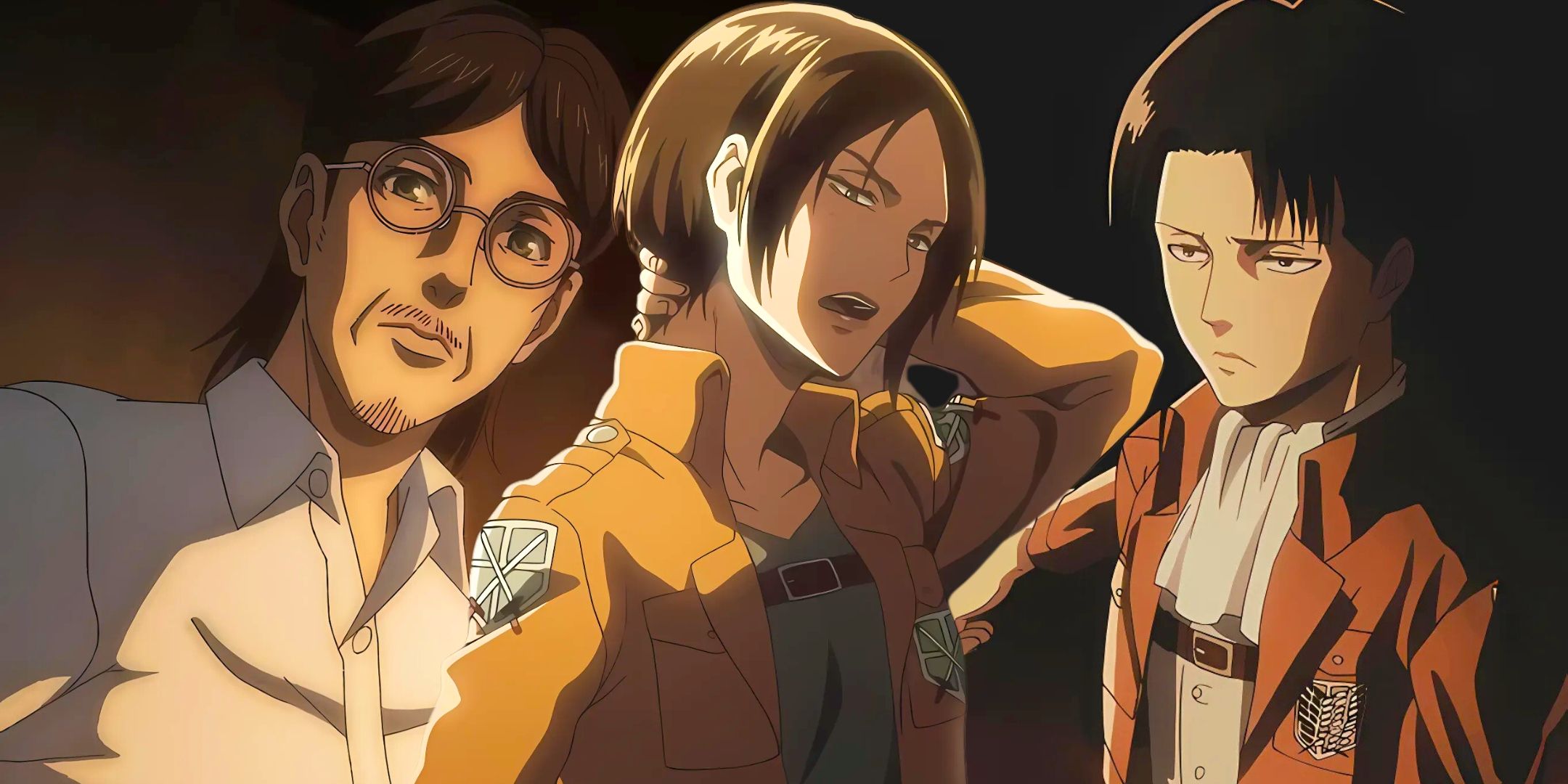 A collage of Levi Ackerman, Grisha Yeager and Ymir the Jaw Titan wielder from Attack On Titan