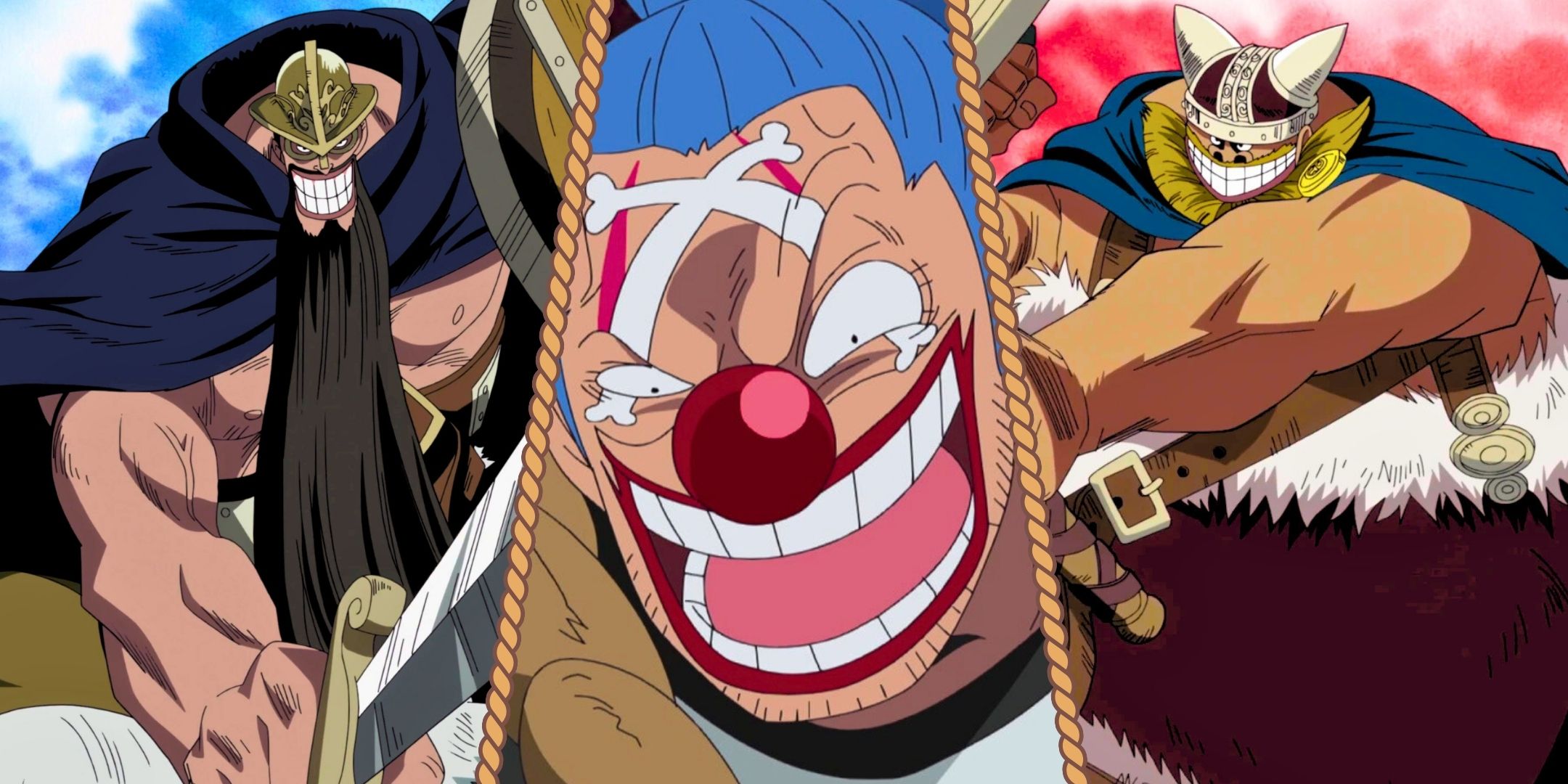 A split image of Buggy with Dorry and Brogy from One Piece