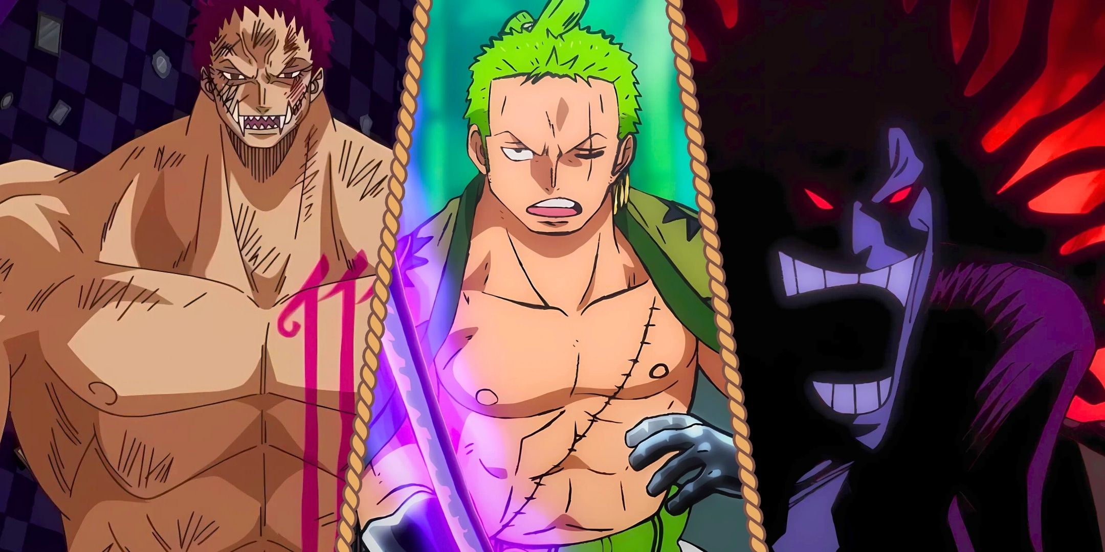 A split image featuring Rocks D Xebec, Charlotte Katakuri, and Roronoa Zoro from One Piece