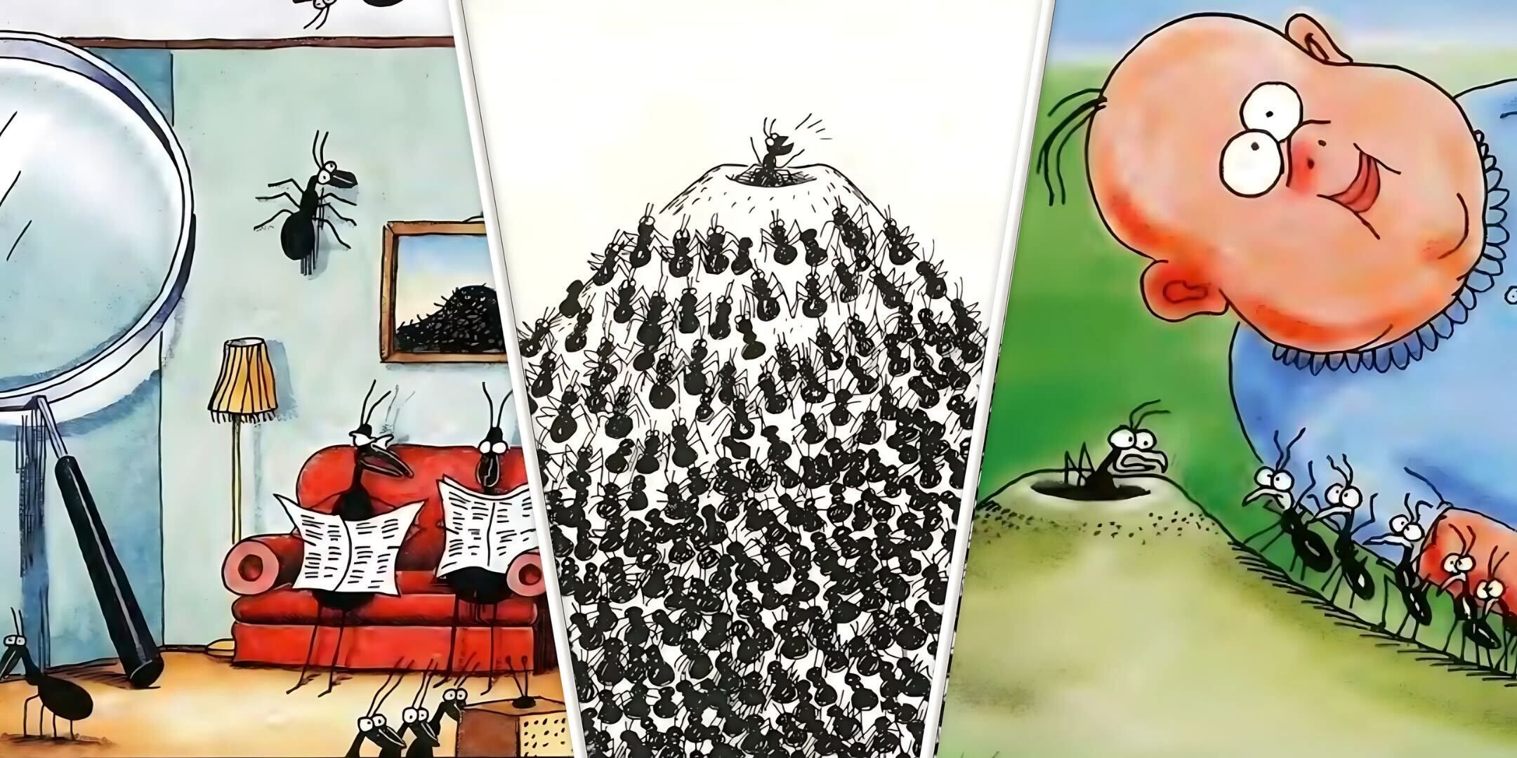 A split image of The Far Side comics that feature ants