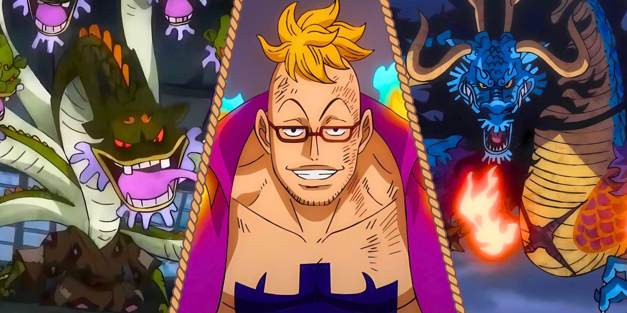 A split image of Blackbeard Devil Fruits - Marco's Devil Fruit, Yamato no orochi Devil Fruit from One Piece anime