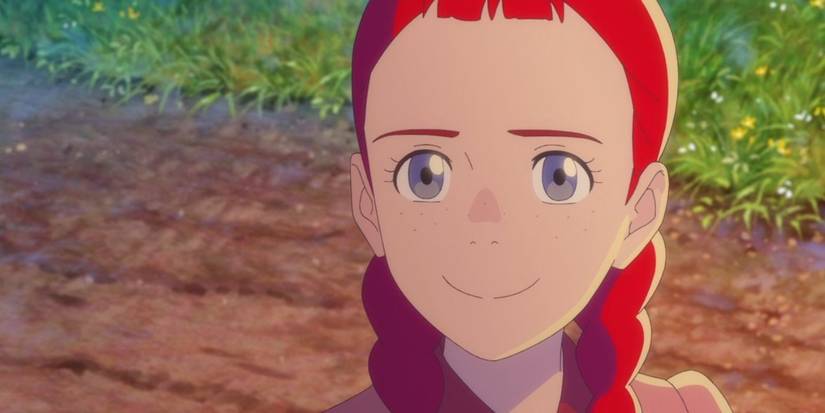 Hình ảnh cận cảnh Anne mỉm cười với Matthew bên ngoài Green Gables trong truyện Anne Shirley.