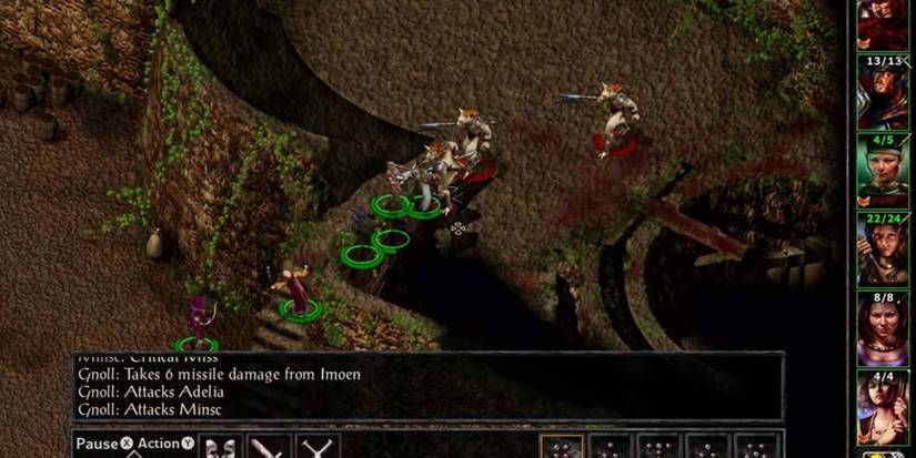 Baldur's Gate gameplay with the party fighting off a pack of gnolls.