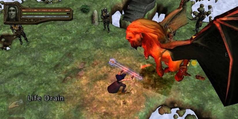 The player character in Baldur's Gate: Dark Alliance 2 is wielding a staff against a manticore.