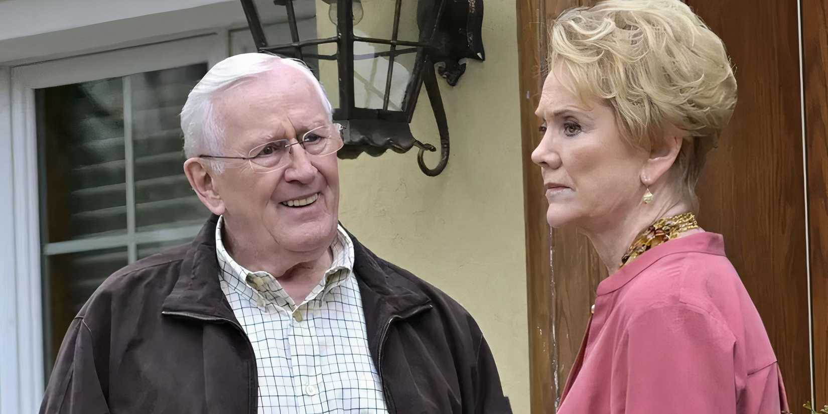 Henry Reagan and Donna Duvall, with Henry looking upset