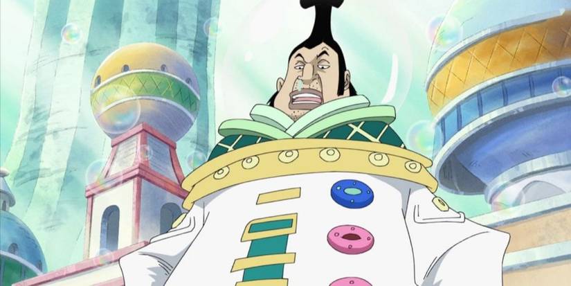 Saint Charlos glares at a nurse during the Sabaody Archipelago arc in One Piece.