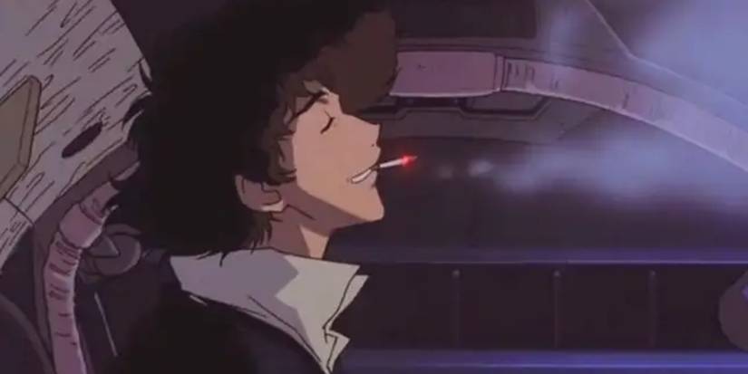 Cowboy Bebop Spike smoking with a smile on his face.