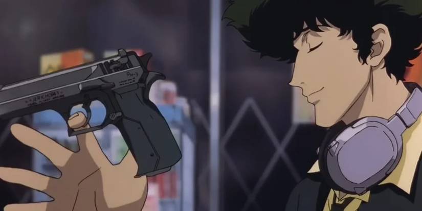 Cowboy Spike Bebop with a weapon while wearing headphones