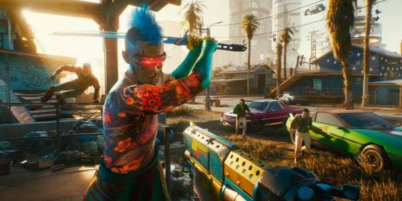 The player points their weapon at a katana-wielding enemy in Cyberpunk 2077.