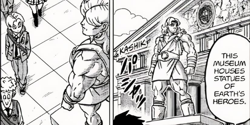 A statue of Olibu at the hall of heroes museum in Dragon Ball Super Chapter 104.