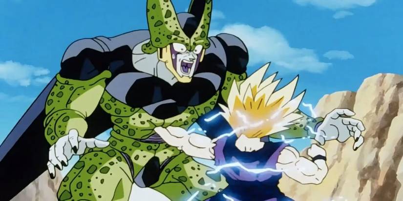 Super Saiyan 2 Gohan punches Perfect Cell in the stomach in Dragon Ball Z.