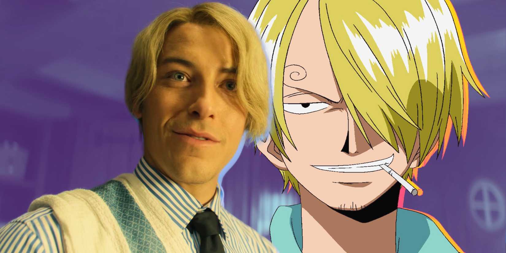 Taz Skylar (dans le rôle de Sanji) sourit à côté d'une image de son homologue animé