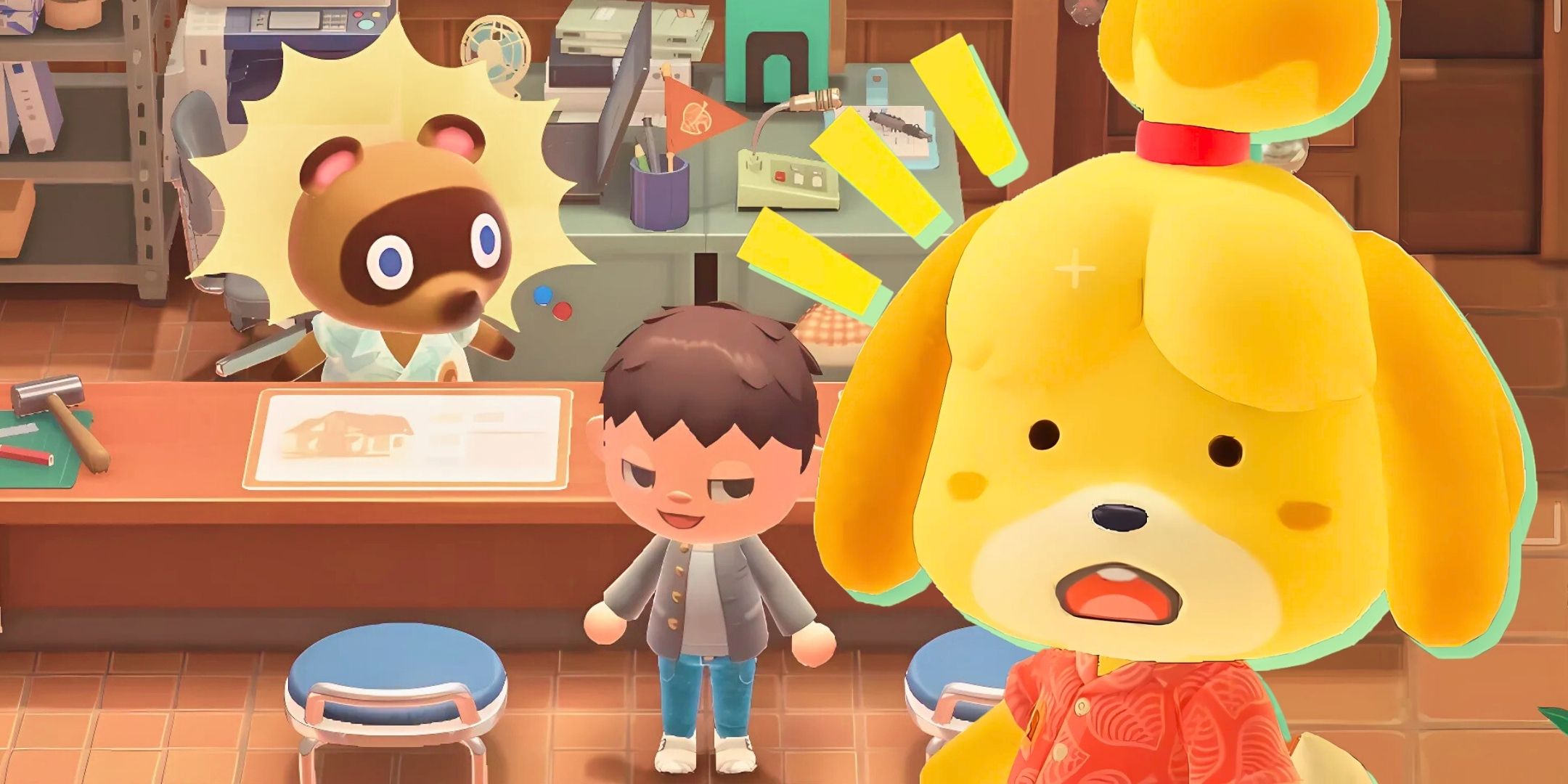 A collage with Isabelle and Tom Nook from Animal Crossing looking surprised